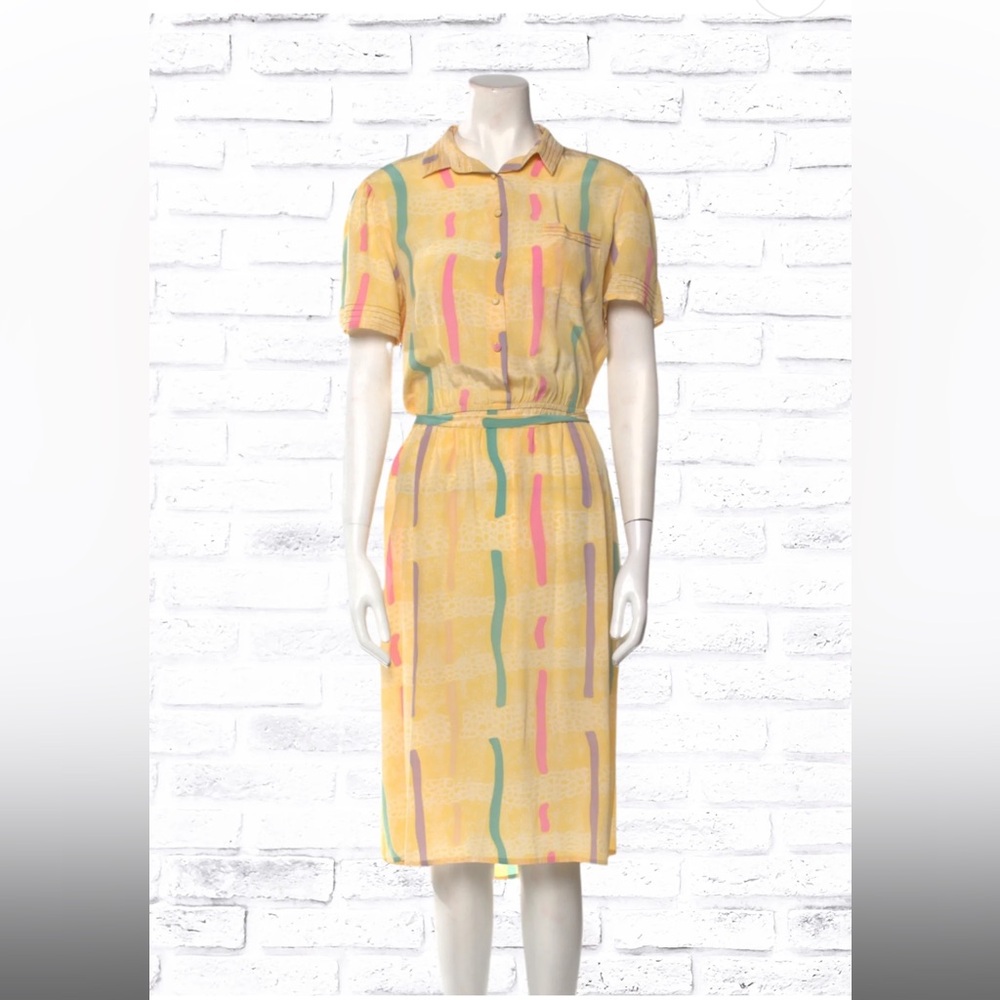 Mary McFadden x Jack Mulqueens 80s Vintage Yellow Silk Shirtdress